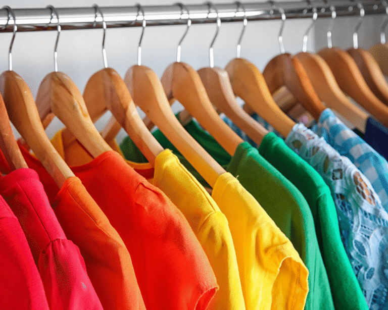 Colorful shirts hanging on a rack