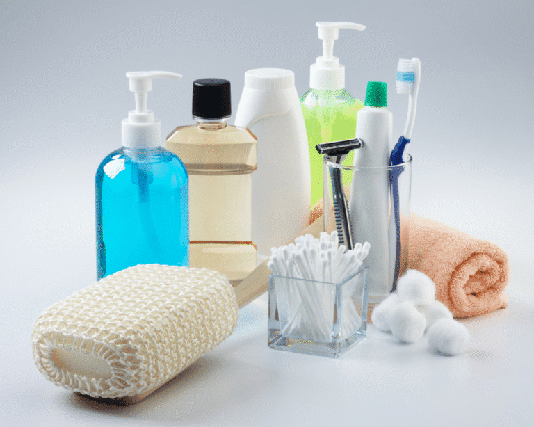 Toiletries including soap, shampoo, and toothbrushes